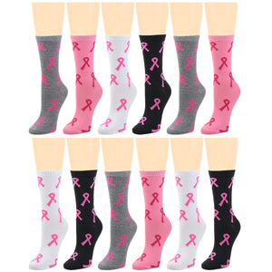 12-Pack Women's Crew Socks Breast Cancer Awareness